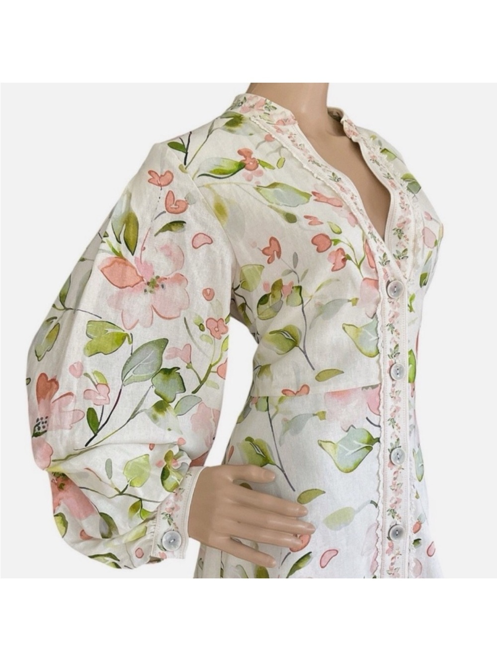 NWOT Caroline Constas S Linen
Floral Dress Button-up Lace
Crochet Trim Bell - Picture 4 of 6